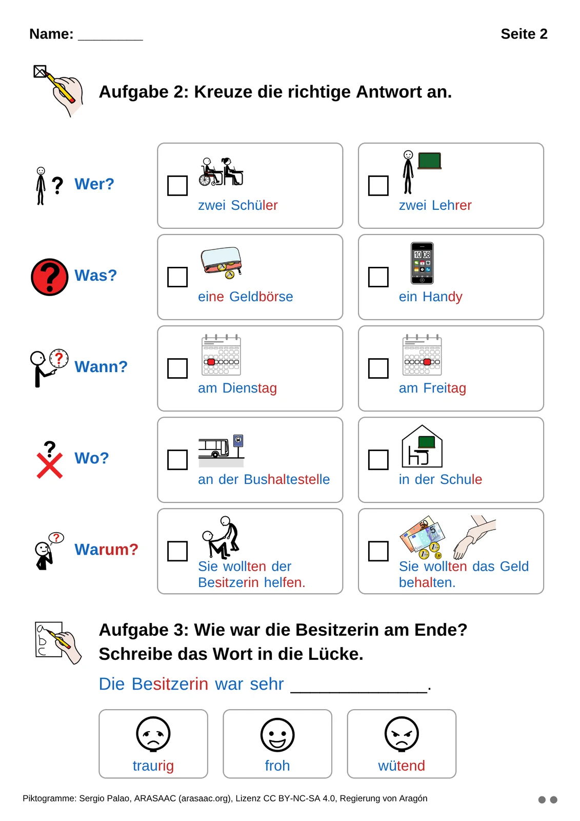 Blatt C: Aufgabenseite wie Blatt A, jede Antwort mit Symbol, zusätzlich sind die Silben abwechselnd blau und rot gefärbt.