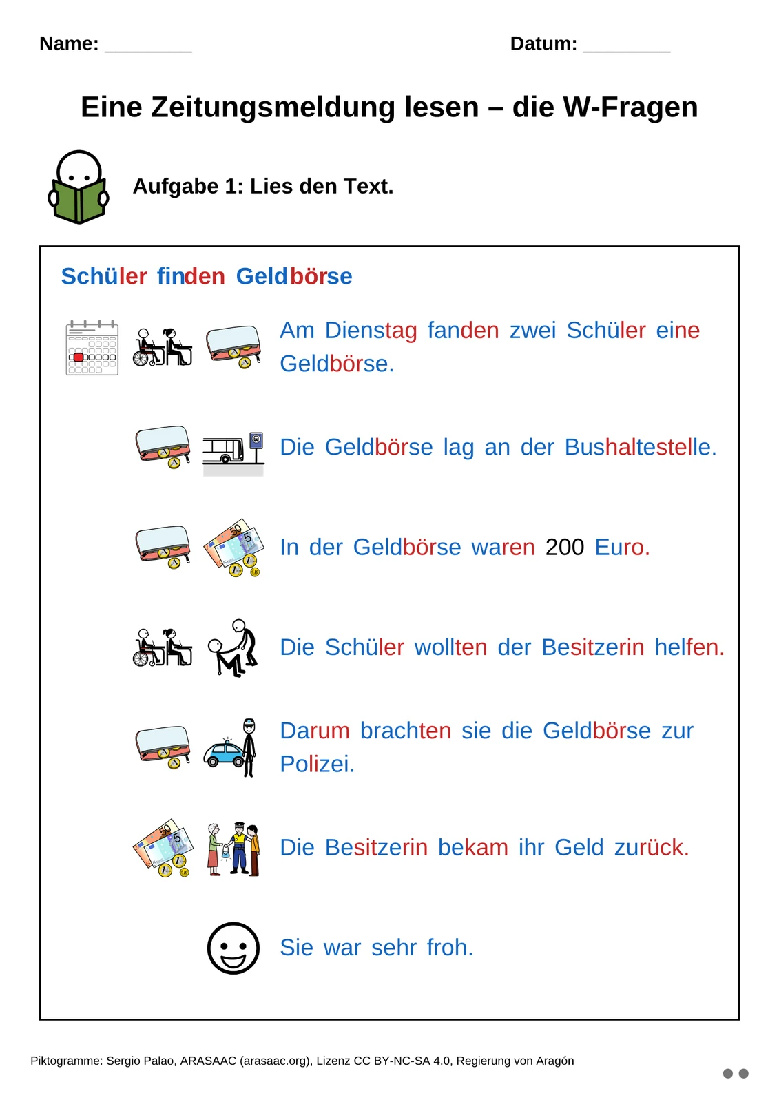 Stufe 2: Textseite mit Symbolen und farbigen Silben.